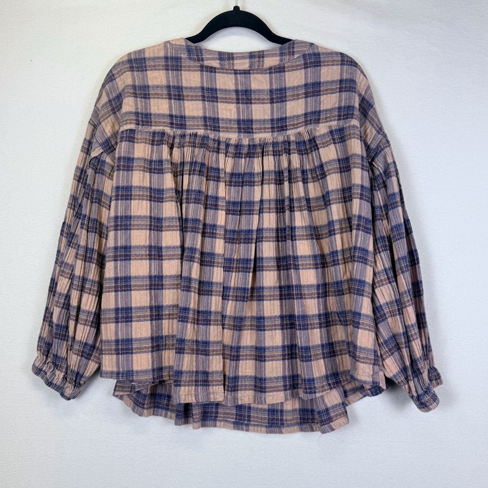 We The Free People Plaid Jessi Blouse Oversized Gauzy Balloon Boho Top M Grunge - Picture 4 of 8
